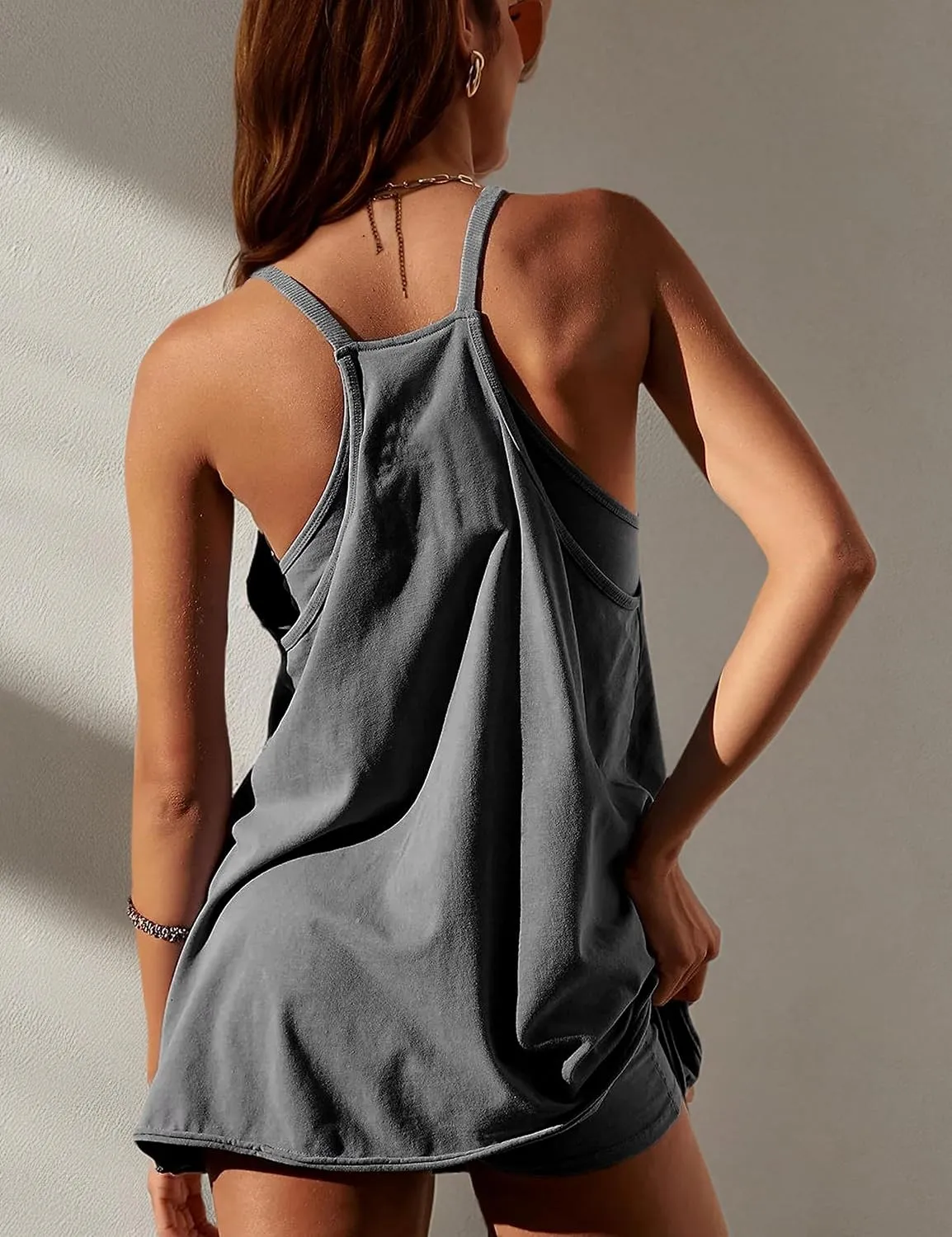 Lentta Womens Athletic Sleeveless Mini Dress with Built-in Shorts V Neck Spaghetti Strap Sundress