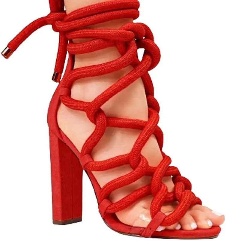 Liliana Women Chunky heel rope lace up high heel sandals