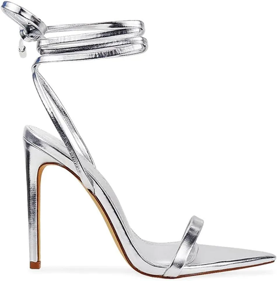 Liliana Women's Lace-Up Heels Sandals Strappy Pointed Toe Stiletto High Heel Sandals-Metallic Shoes