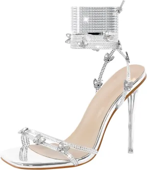 LISHAN Women's Rhinestones Studded Gladiator Lace Up Clear High Heels