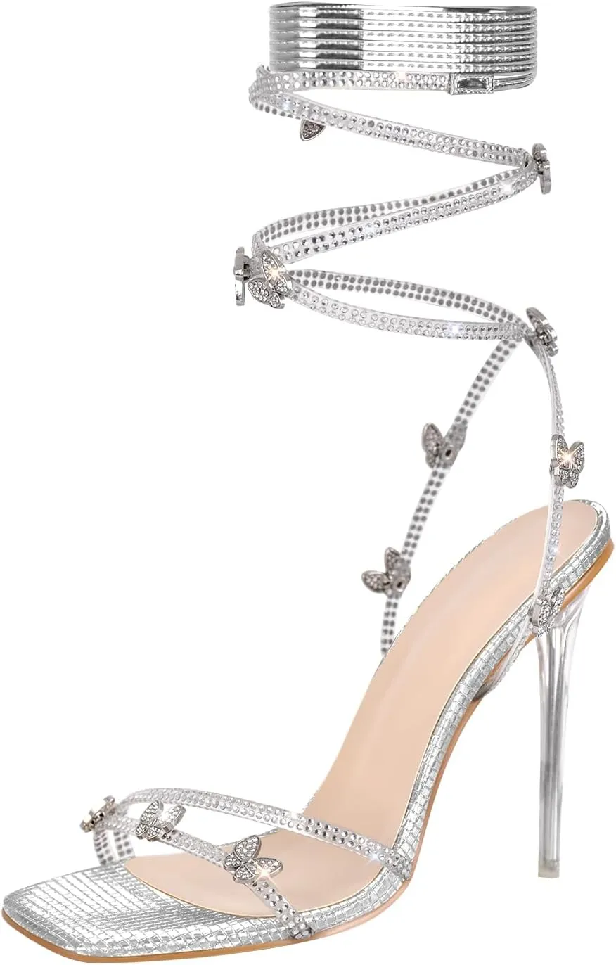 LISHAN Women's Rhinestones Studded Gladiator Lace Up Clear High Heels