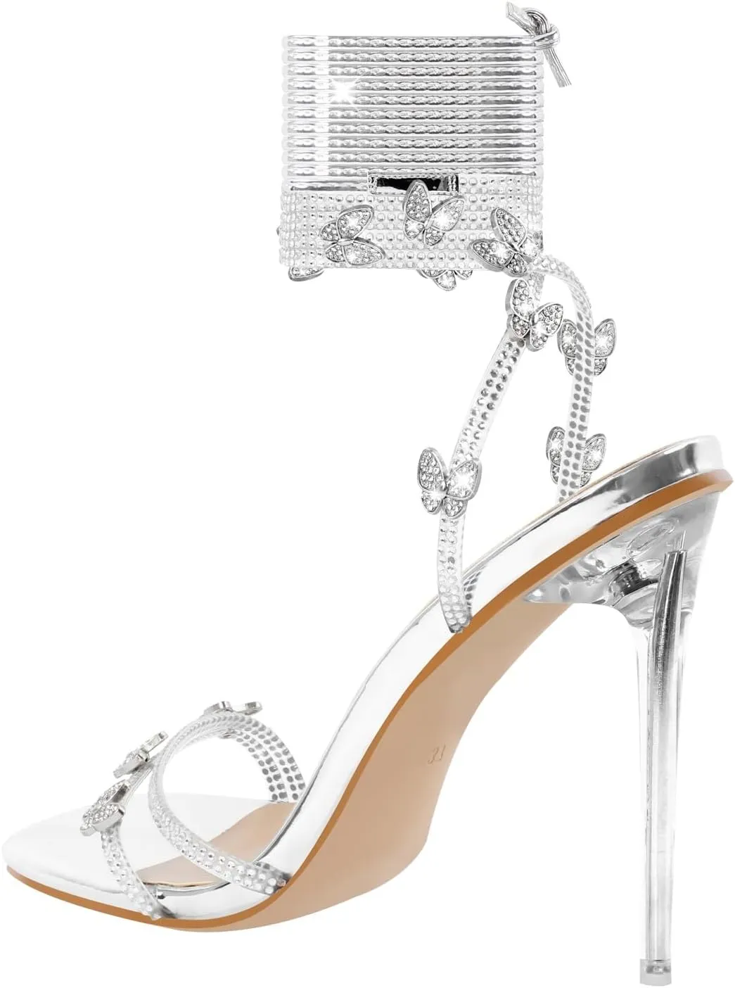LISHAN Women's Rhinestones Studded Gladiator Lace Up Clear High Heels