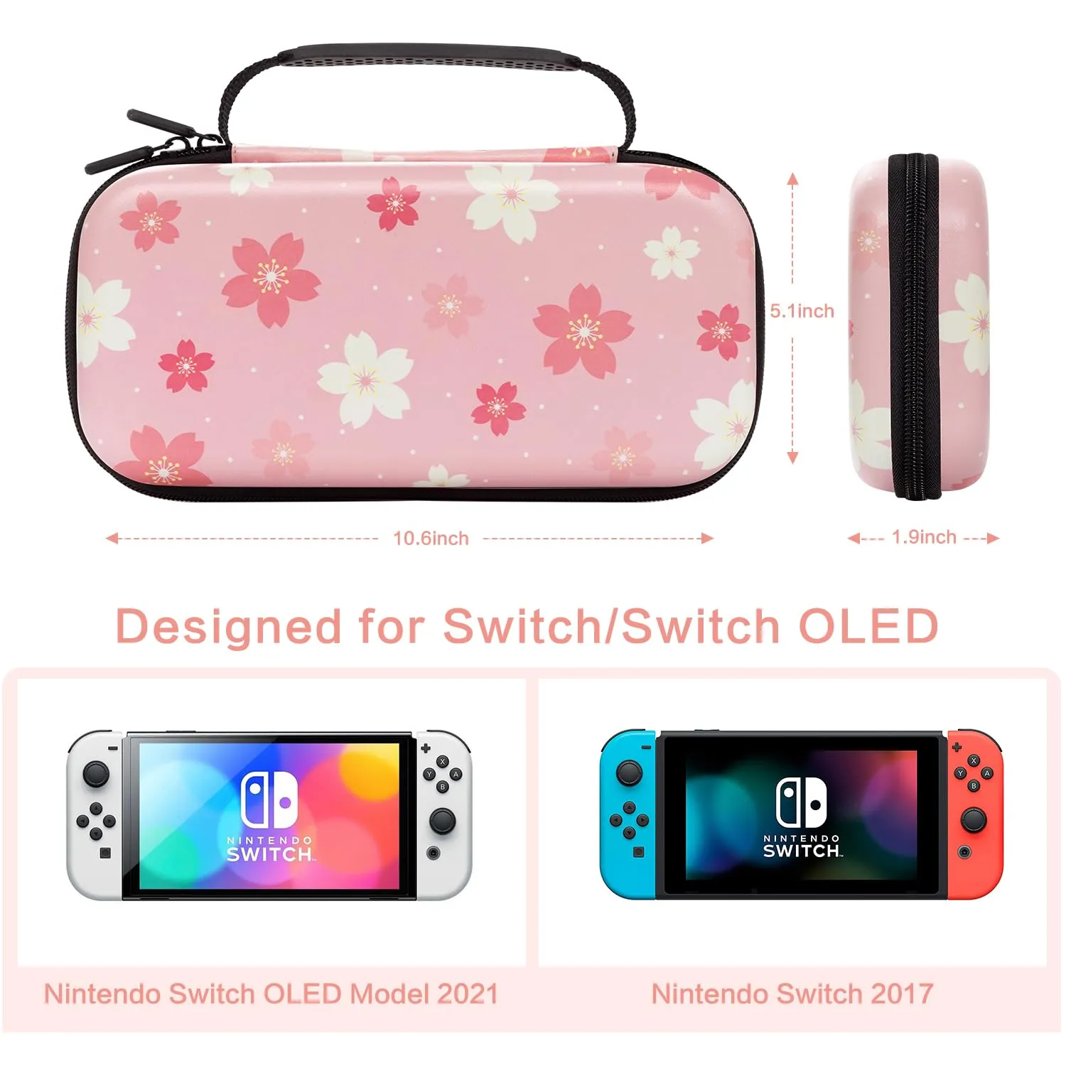 Lokigo Nintendo Switch Carrying Case - Pink Switch OLED Case for Girls, Protective Hard Shell Portable Travel Bag with Pockets for Console & Accessories