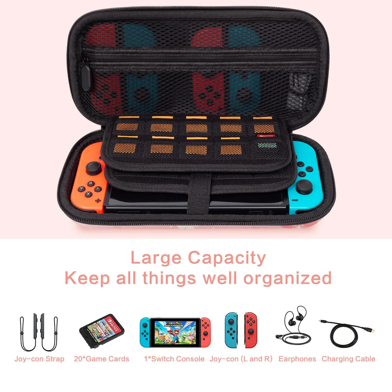 Lokigo Nintendo Switch Carrying Case - Pink Switch OLED Case for Girls, Protective Hard Shell Portable Travel Bag with Pockets for Console & Accessories
