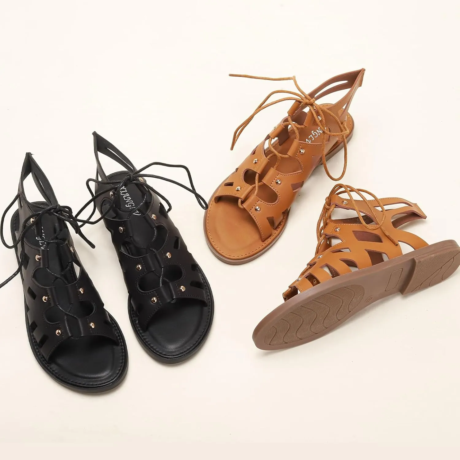 Lossarye Women's Leather Lace Up Flat Gladiator Sandals Comfortable Crisscross Non-Slip Beach Sandals Casual Dressy Roman Sandals