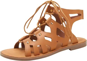 Lossarye Women's Leather Lace Up Flat Gladiator Sandals Comfortable Crisscross Non-Slip Beach Sandals Casual Dressy Roman Sandals