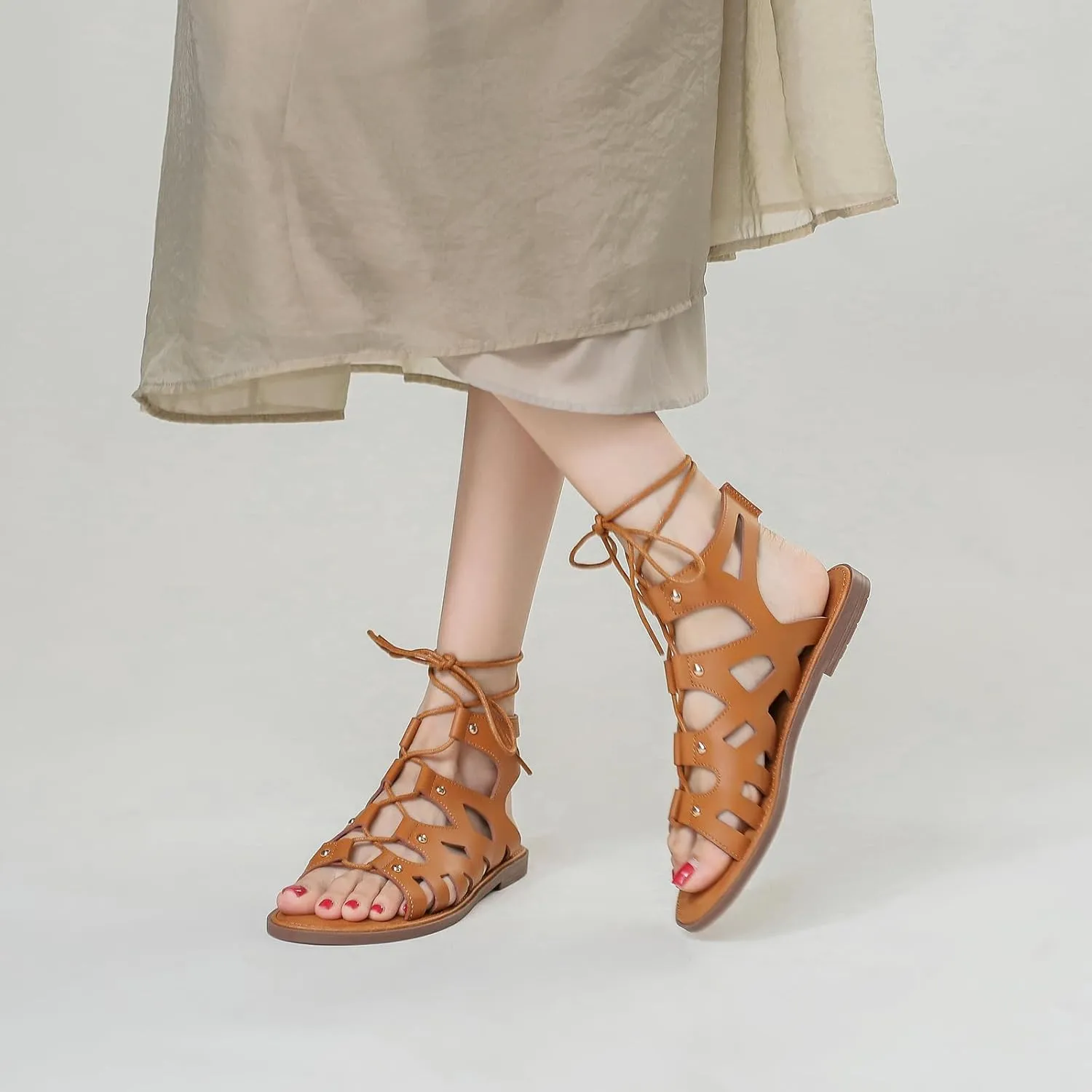 Lossarye Women's Leather Lace Up Flat Gladiator Sandals Comfortable Crisscross Non-Slip Beach Sandals Casual Dressy Roman Sandals