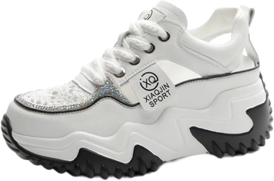 Low-Cut Breathable Mesh Dad Sandals Chunky Sneakers for Women Rhinestone Lace Wedge Shoes Summer Comfort Sport Walking