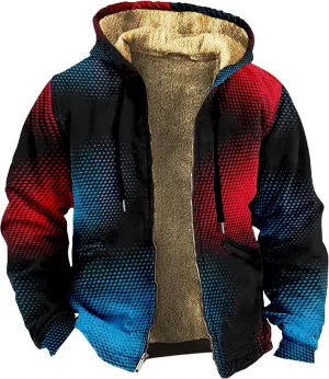 Men Coats Winter Long Sleeve Zipper Hoodies Sherpa Fleece Lined Vintage Print Jackets Fall Winter Coats