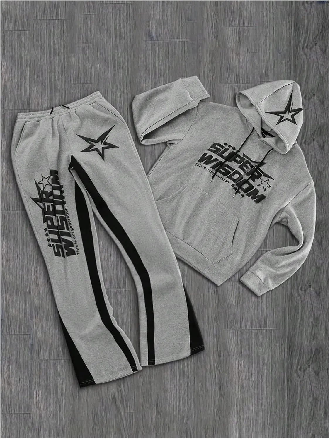 Men's 2 Piece Sweatsuit Long Sleeve Star Hoodie Pullover and Y2K Stacked Sweatpants Sets