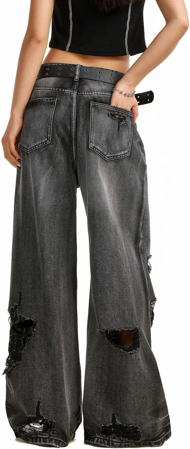 Men's Baggy Jeans Y2k Hip Hop Pants Stacked Jeans for Women Mid Rise Fashion Grunge Streetwear Clothes Black