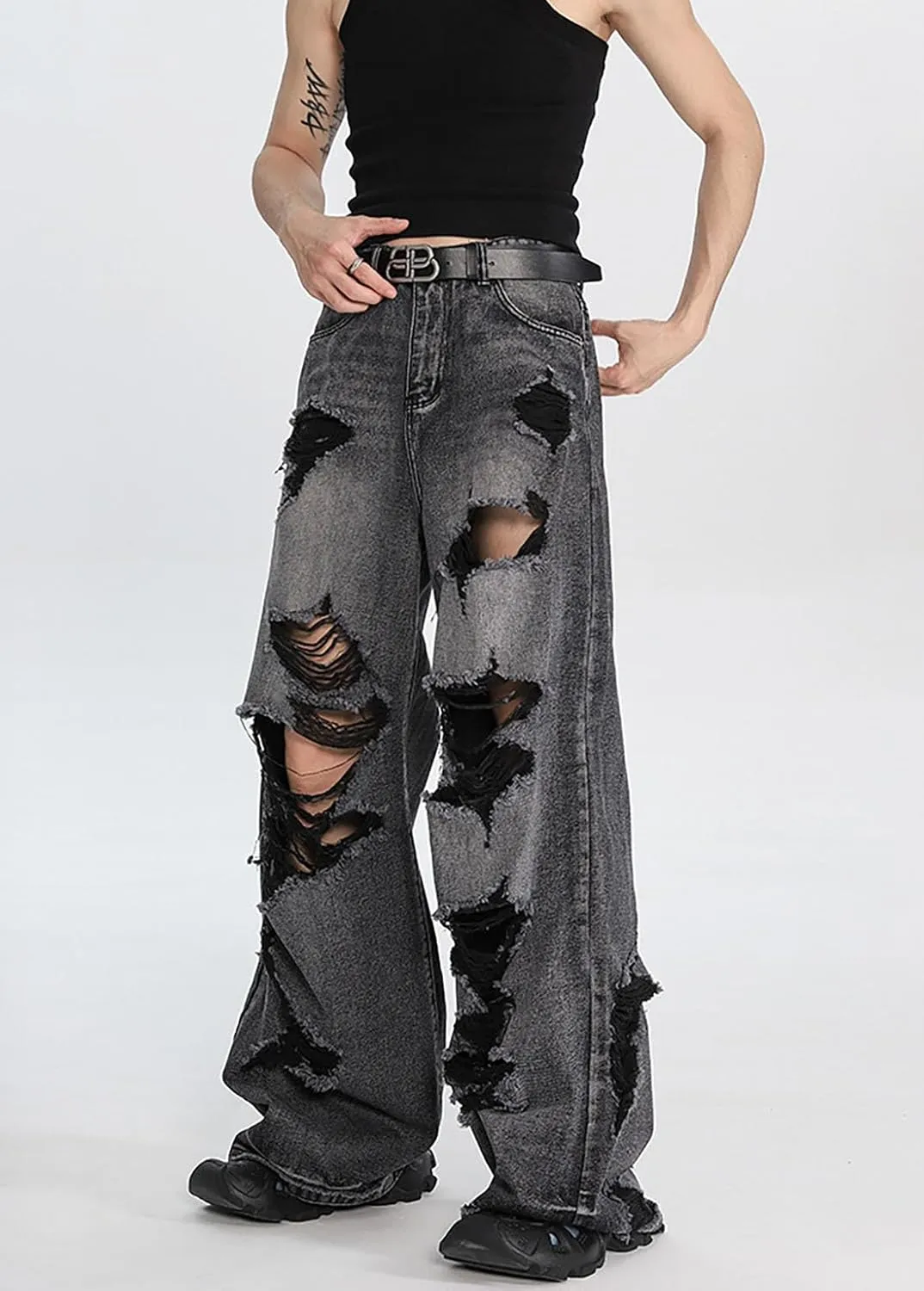Men's Baggy Jeans Y2k Hip Hop Pants Stacked Jeans for Women Mid Rise Fashion Grunge Streetwear Clothes Black