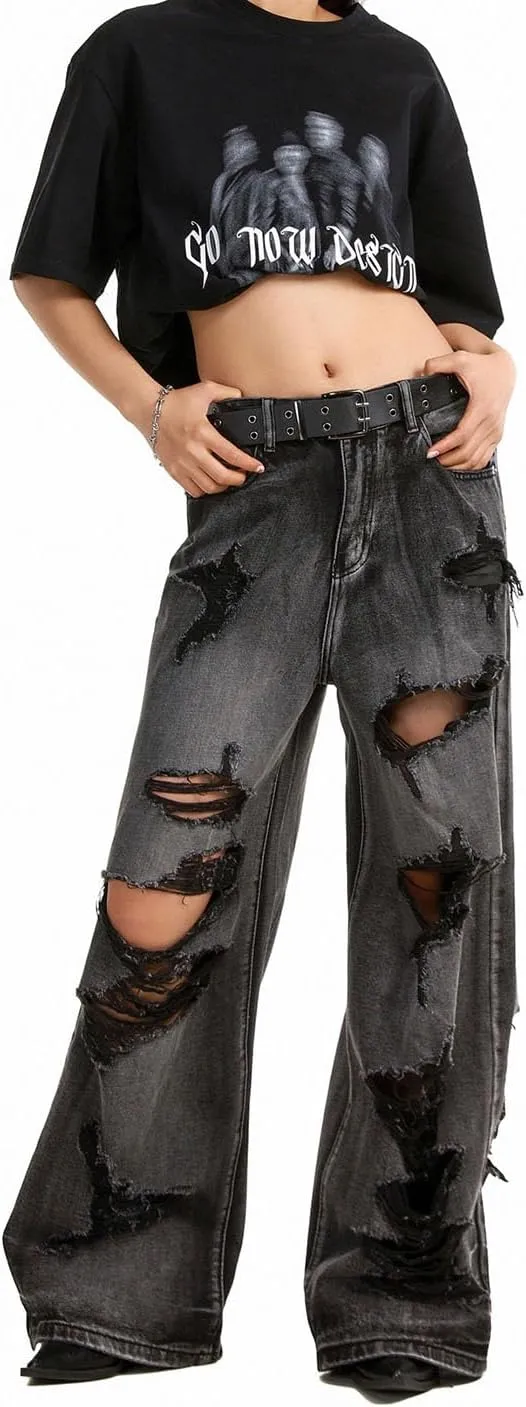 Men's Baggy Jeans Y2k Hip Hop Pants Stacked Jeans for Women Mid Rise Fashion Grunge Streetwear Clothes Black