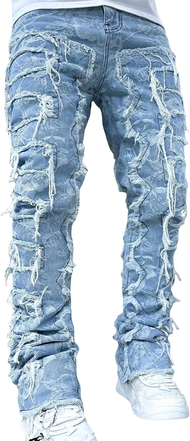 Men's Black Stacked Jeans Ripped Jeans Patch Distressed Destroyed Denim Trousers Streetwear Men Pants Daily Fit