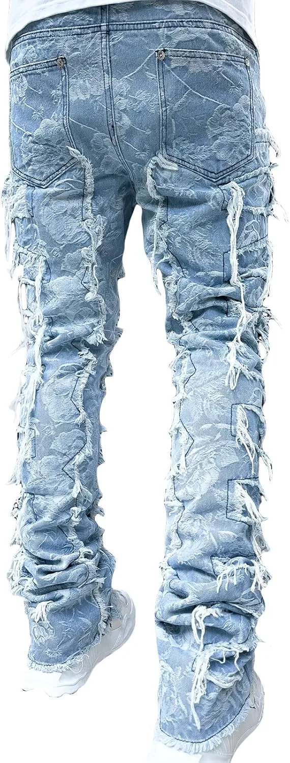 Men's Black Stacked Jeans Ripped Jeans Patch Distressed Destroyed Denim Trousers Streetwear Men Pants Daily Fit