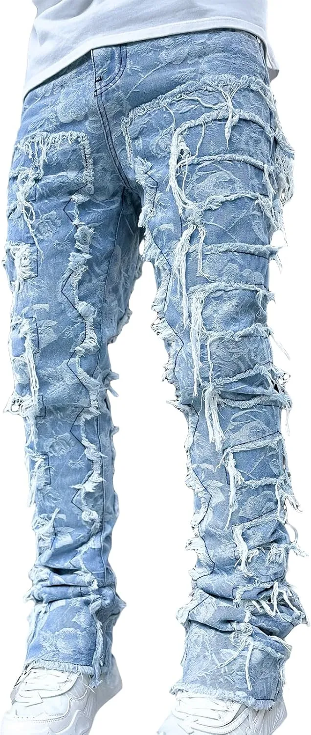 Men's Black Stacked Jeans Ripped Jeans Patch Distressed Destroyed Denim Trousers Streetwear Men Pants Daily Fit