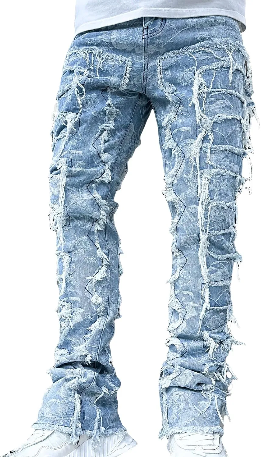Men's Black Stacked Jeans Ripped Jeans Patch Distressed Destroyed Denim Trousers Streetwear Men Pants Daily Fit