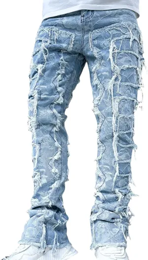 Men's Black Stacked Jeans Ripped Jeans Patch Distressed Destroyed Denim Trousers Streetwear Men Pants Daily Fit