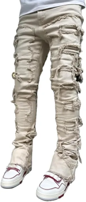 Men's Black Stacked Jeans Ripped Jeans Patch Distressed Destroyed Denim Trousers Streetwear Men Pants Daily Fit