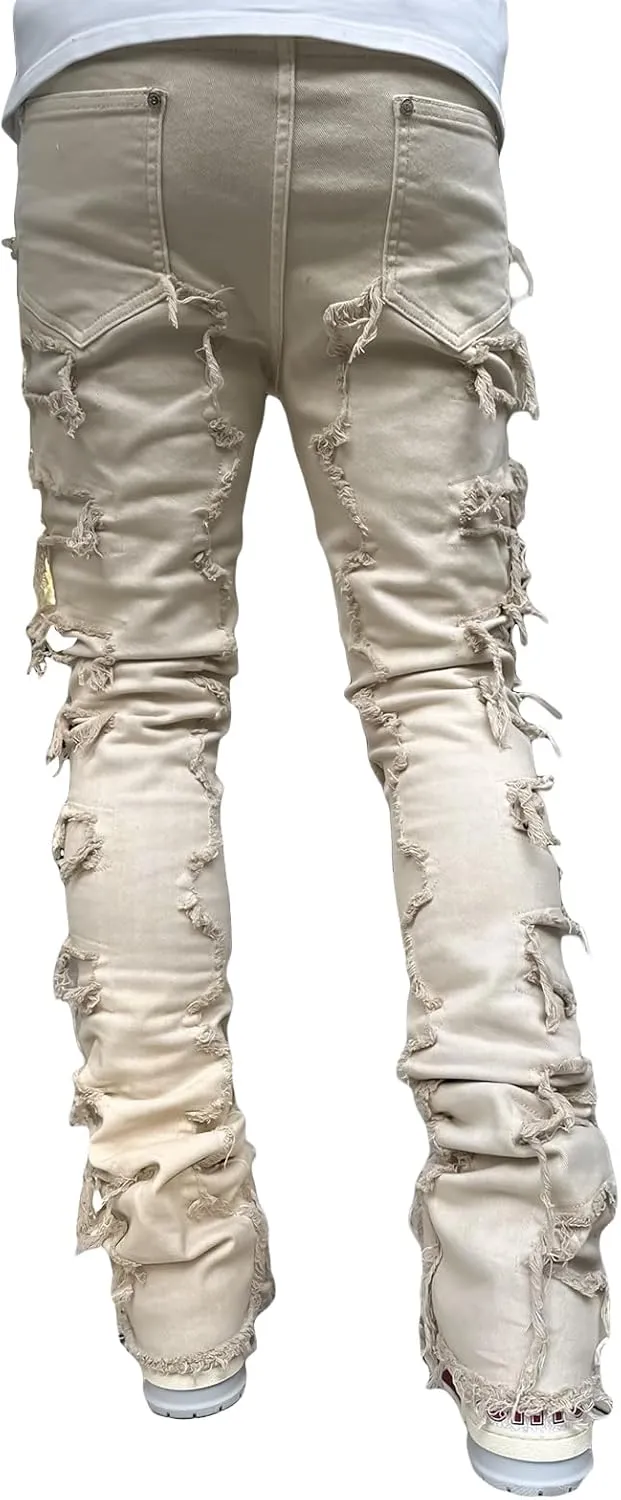 Men's Black Stacked Jeans Ripped Jeans Patch Distressed Destroyed Denim Trousers Streetwear Men Pants Daily Fit