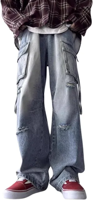 Men's Cargo Baggy Jeans Y2k Ripped Straight Leg Denim Pants Fashion Hip Hop Grunge Clothing Blue