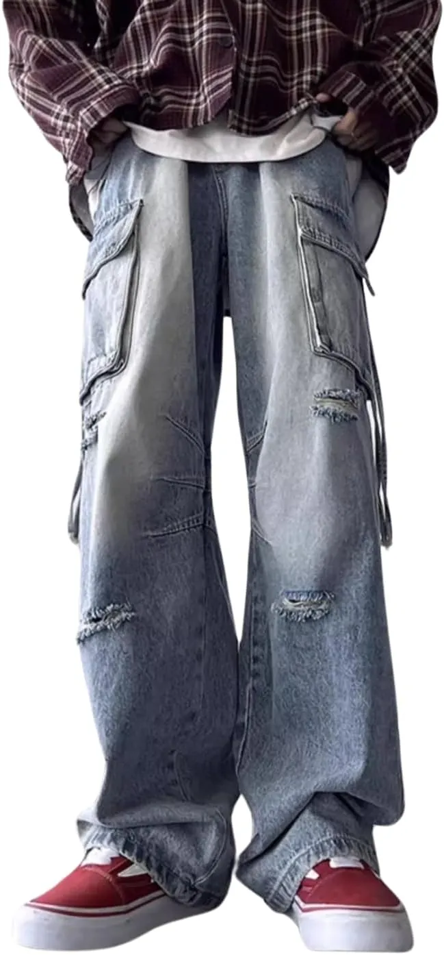 Men's Cargo Baggy Jeans Y2k Ripped Straight Leg Denim Pants Fashion Hip Hop Grunge Clothing Blue