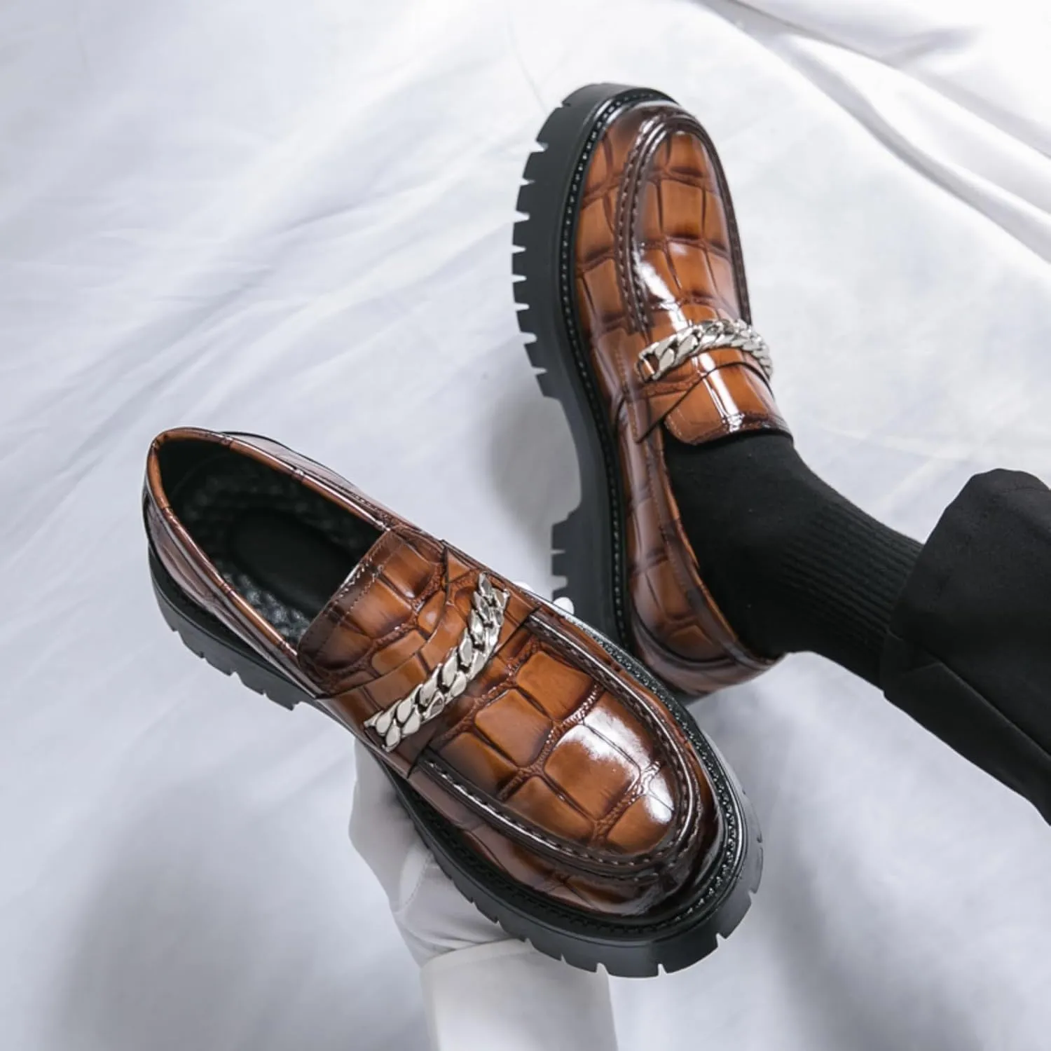 Men's Fashion Textured Leather Lug Sole Platform Comfort Slip - On Loafers Dress Shoes
