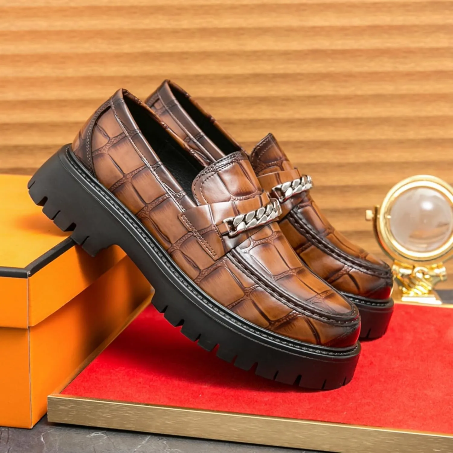 Men's Fashion Textured Leather Lug Sole Platform Comfort Slip - On Loafers Dress Shoes