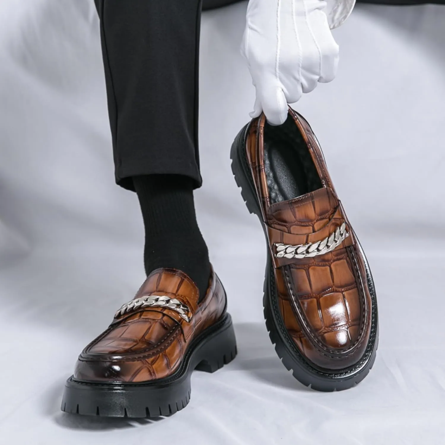 Men's Fashion Textured Leather Lug Sole Platform Comfort Slip - On Loafers Dress Shoes