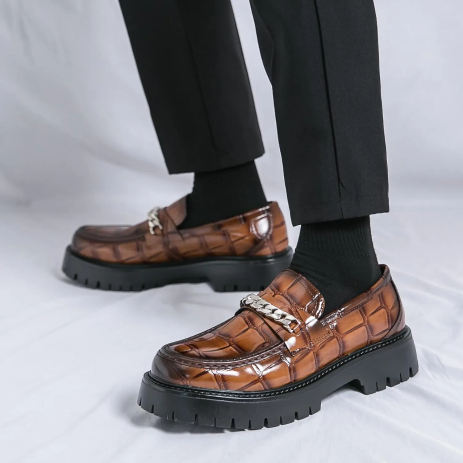 Men's Fashion Textured Leather Lug Sole Platform Comfort Slip - On Loafers Dress Shoes