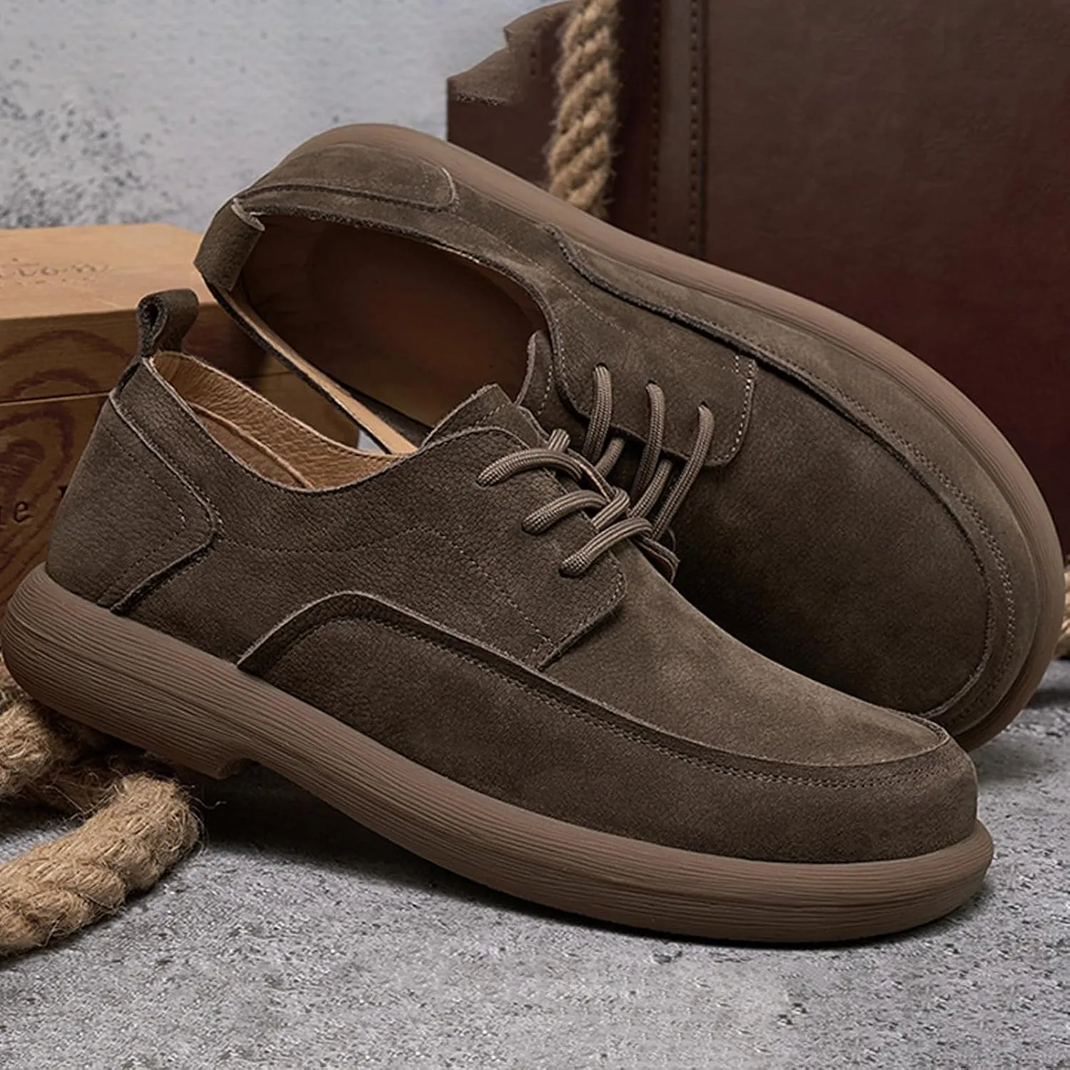 Men's Genuine Leather Round Toe Stacked Platform Oxfords Retro Classic Lace Up Comfortable Non-Slip Block Heel Oxford Sneakers Driving Work Business Dress Shoes