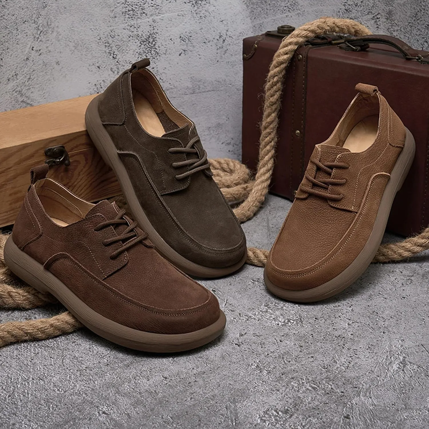 Men's Genuine Leather Round Toe Stacked Platform Oxfords Retro Classic Lace Up Comfortable Non-Slip Block Heel Oxford Sneakers Driving Work Business Dress Shoes