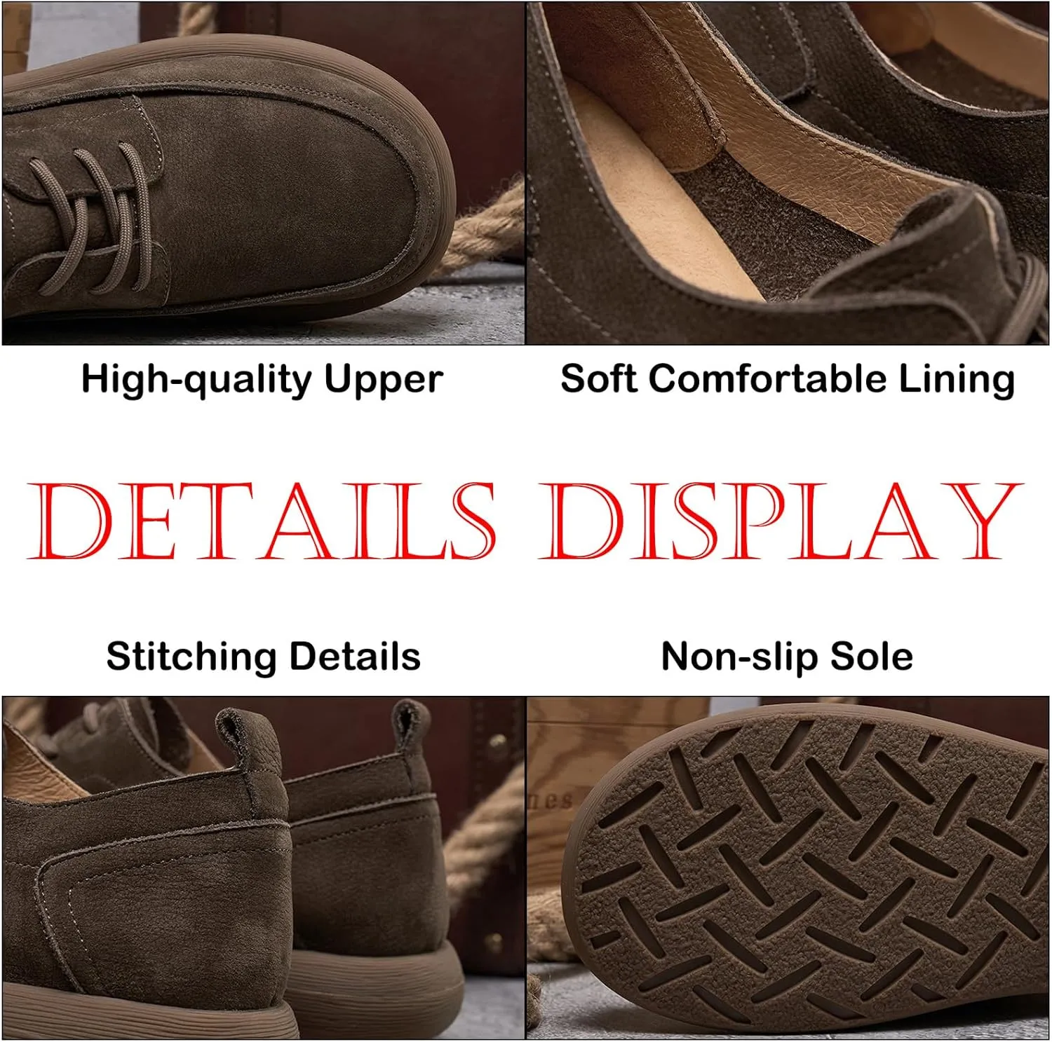 Men's Genuine Leather Round Toe Stacked Platform Oxfords Retro Classic Lace Up Comfortable Non-Slip Block Heel Oxford Sneakers Driving Work Business Dress Shoes