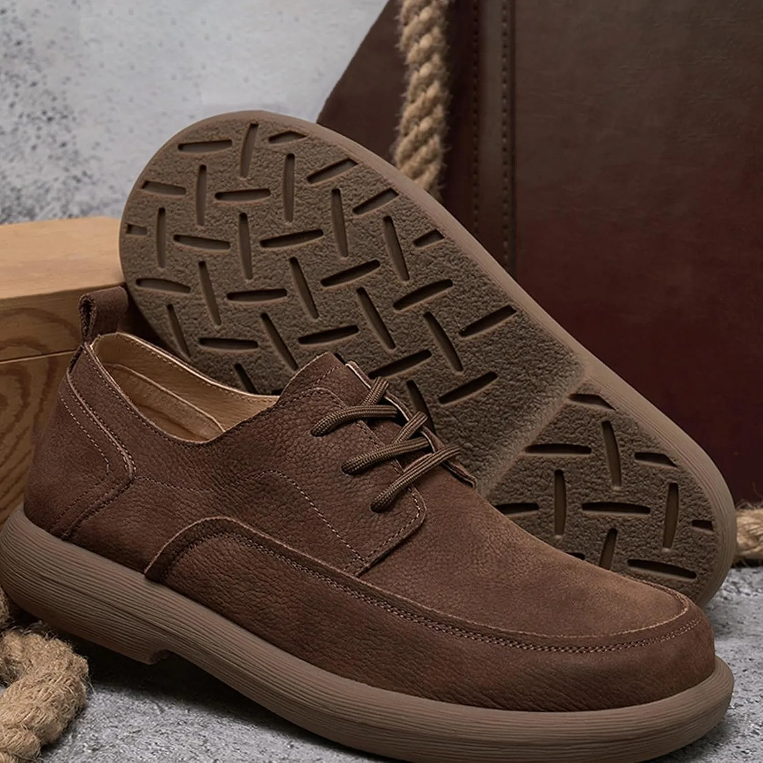 Men's Genuine Leather Round Toe Stacked Platform Oxfords Retro Classic Lace Up Comfortable Non-Slip Block Heel Oxford Sneakers Driving Work Business Dress Shoes