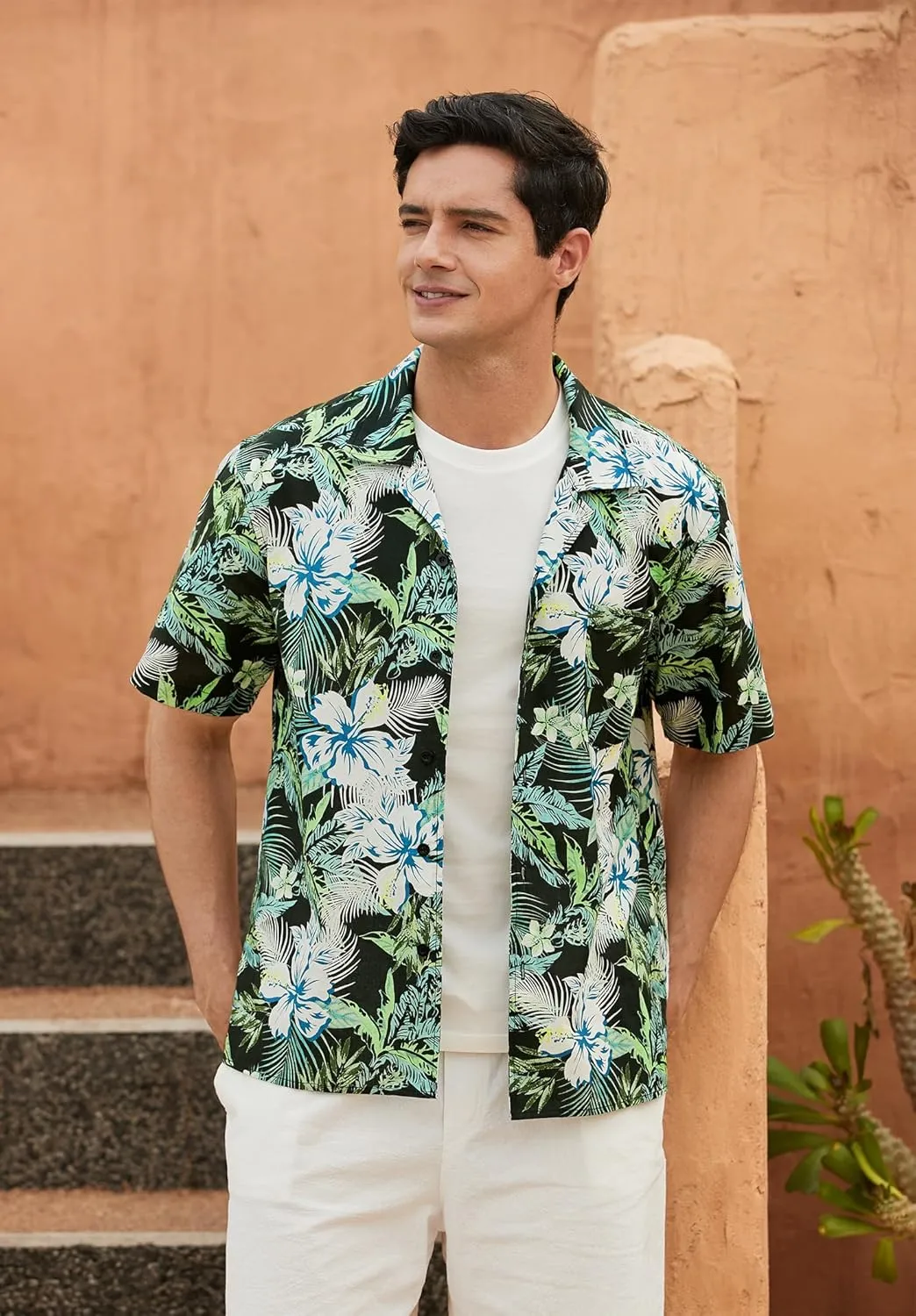 Mens Hawaiian Shirts Short Sleeve Button Down Tropical Beach Shirt 100% Cotton Summer Casual Vacation Floral Aloha Shirt