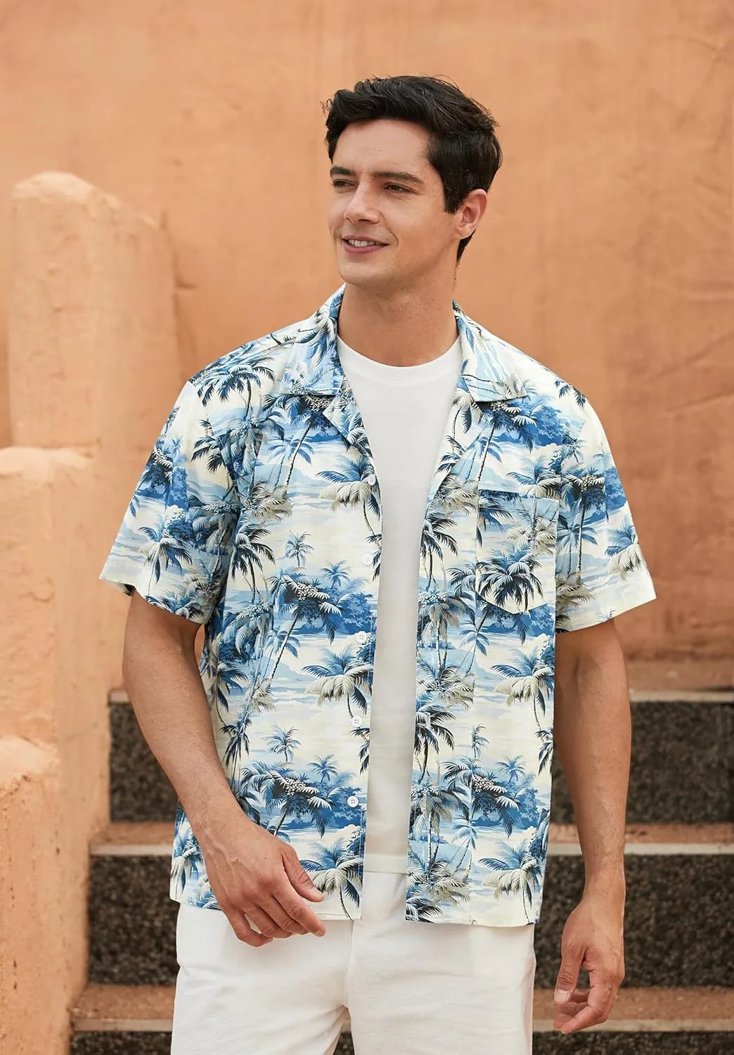 Mens Hawaiian Shirts Short Sleeve Button Down Tropical Beach Shirt 100% Cotton Summer Casual Vacation Floral Aloha Shirt