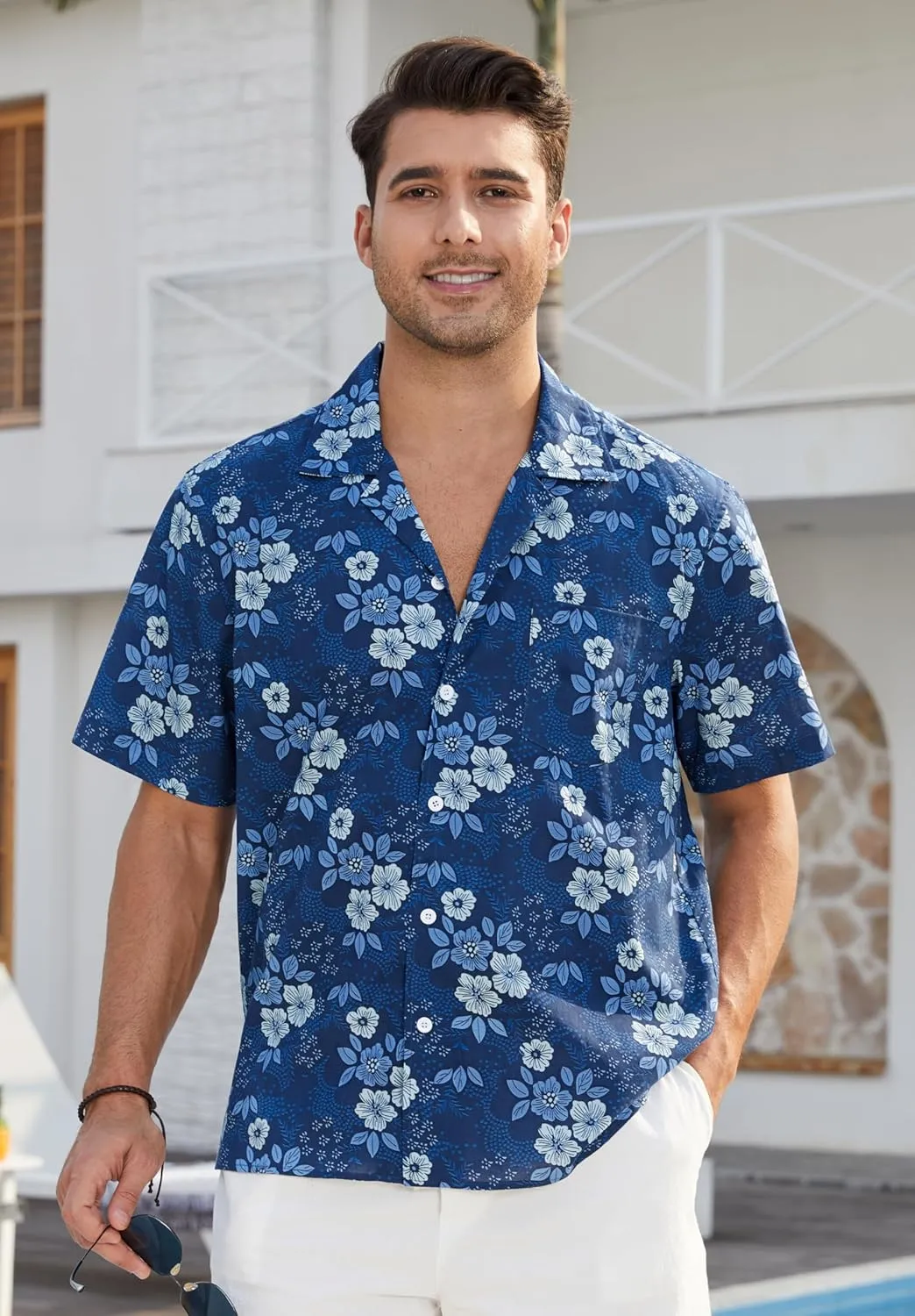 Mens Hawaiian Shirts Short Sleeve Button Down Tropical Beach Shirt 100% Cotton Summer Casual Vacation Floral Aloha Shirt