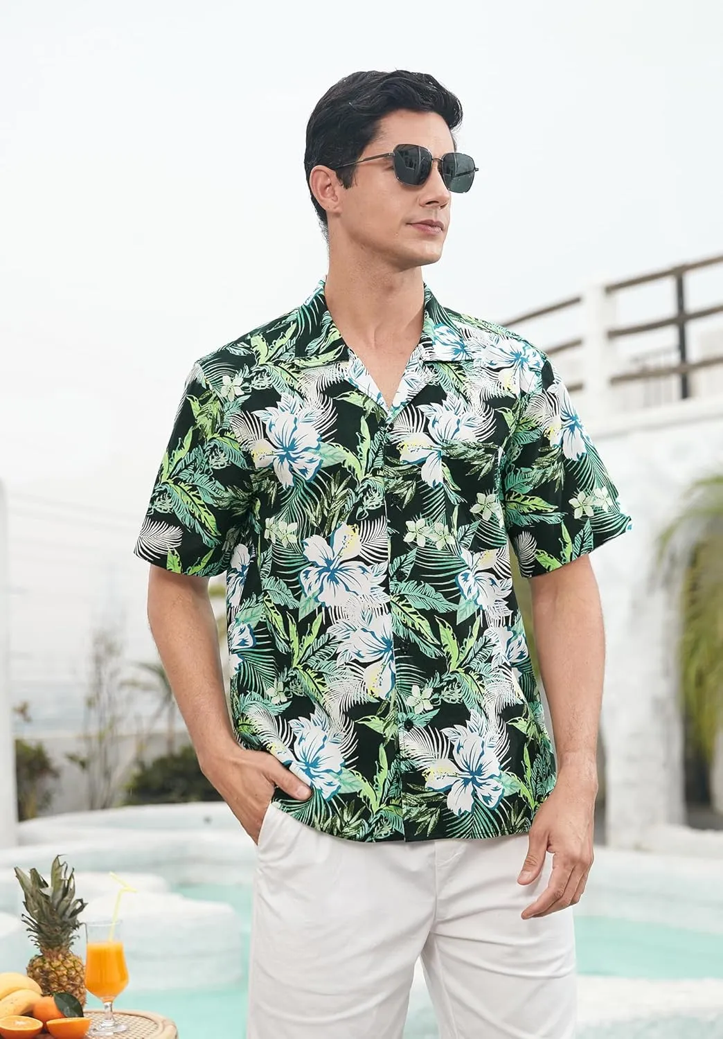 Mens Hawaiian Shirts Short Sleeve Button Down Tropical Beach Shirt 100% Cotton Summer Casual Vacation Floral Aloha Shirt