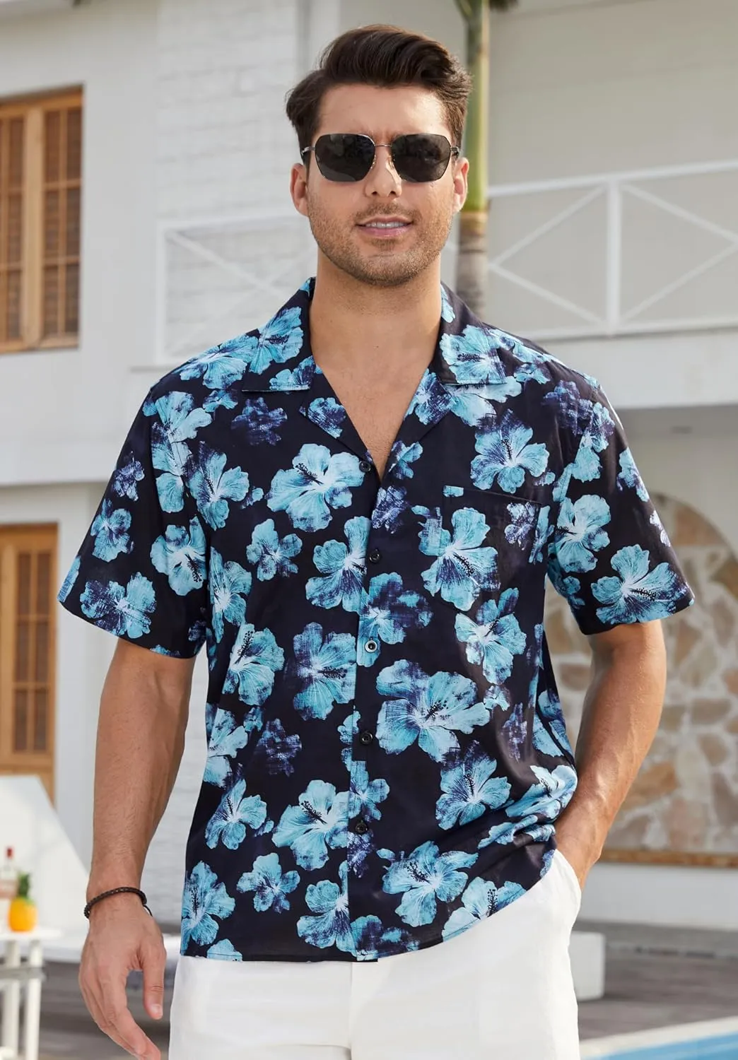 Mens Hawaiian Shirts Short Sleeve Button Down Tropical Beach Shirt 100% Cotton Summer Casual Vacation Floral Aloha Shirt