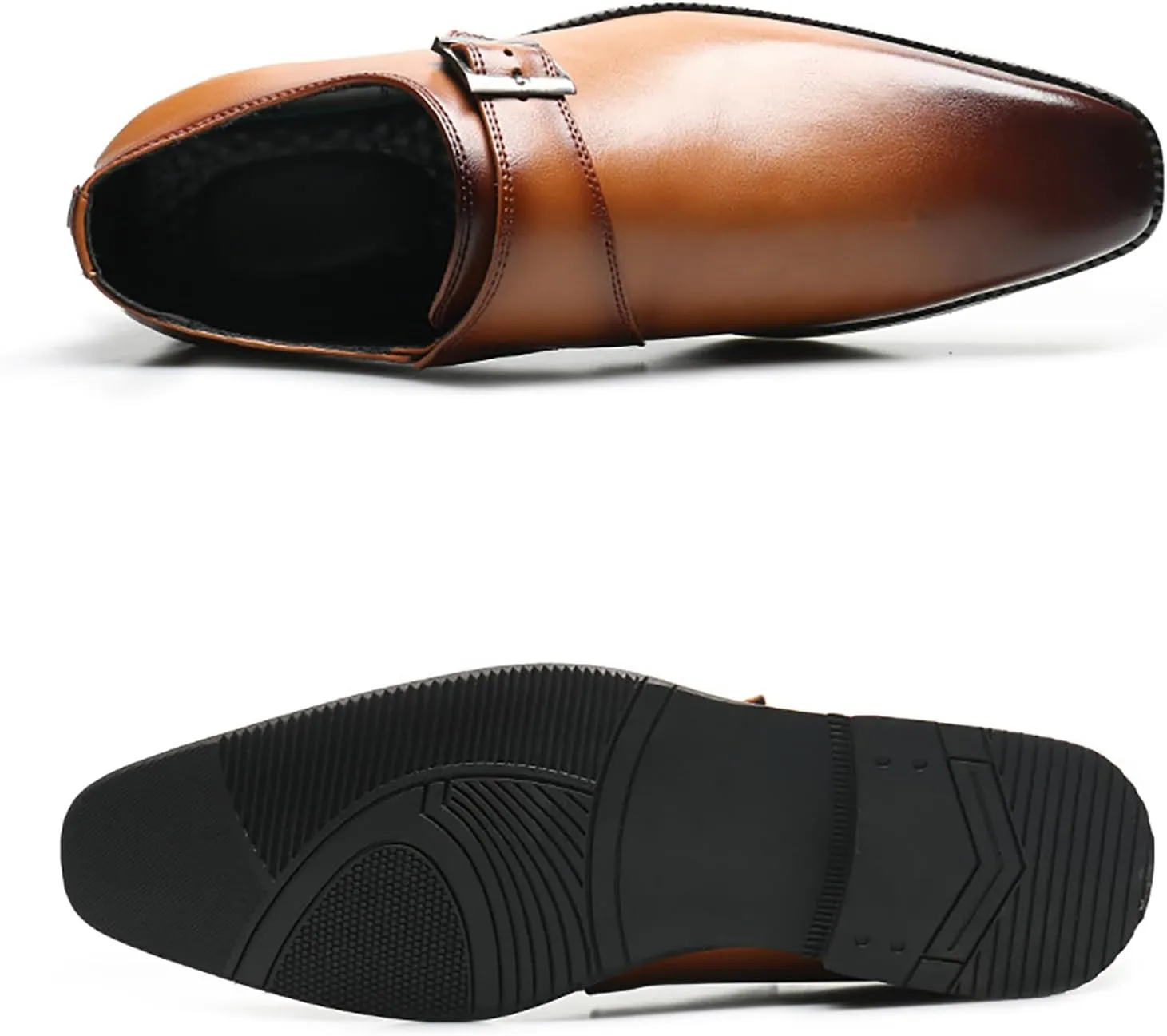 Men's Leather Square Toe Monk Strap Loafers,Classic Slip on Dress Shoes,Low Top Formal Business Oxford Shoes