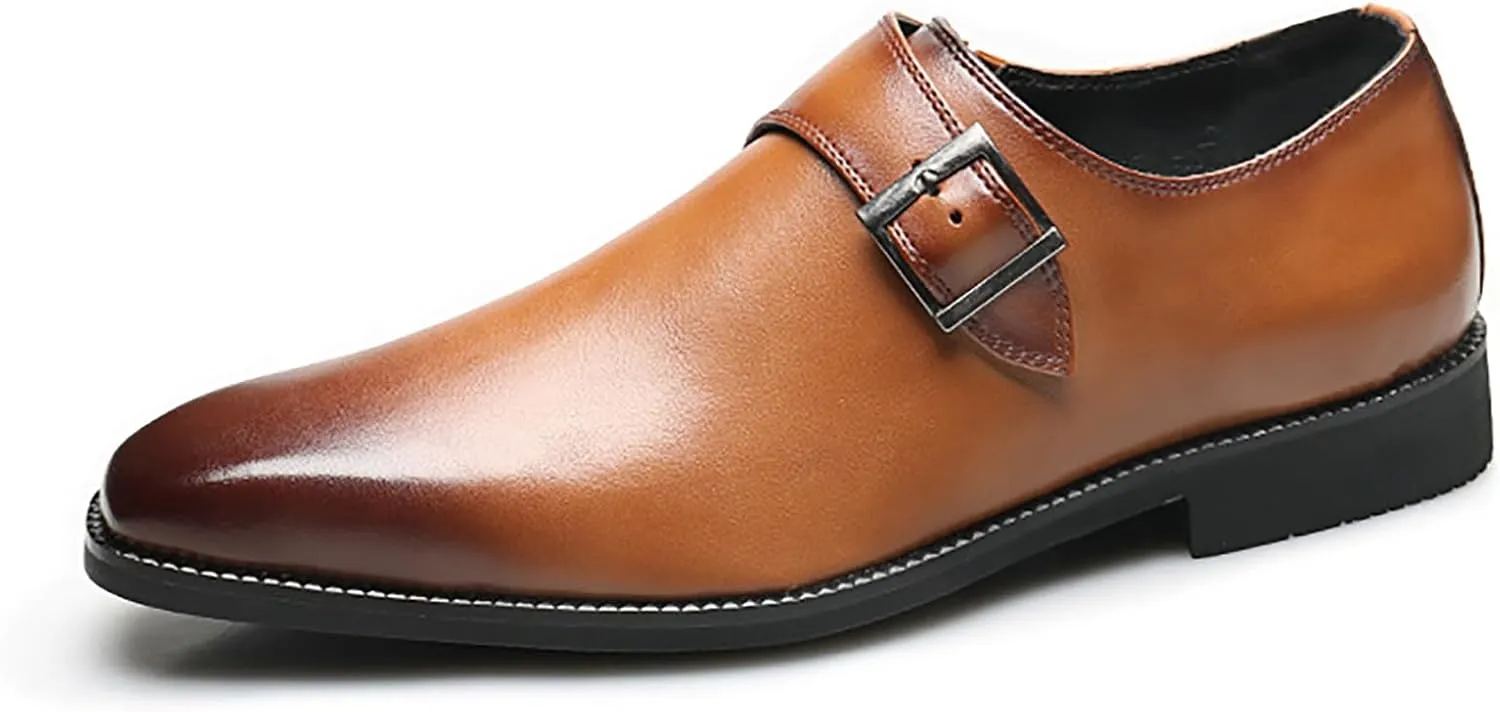 Men's Leather Square Toe Monk Strap Loafers,Classic Slip on Dress Shoes,Low Top Formal Business Oxford Shoes