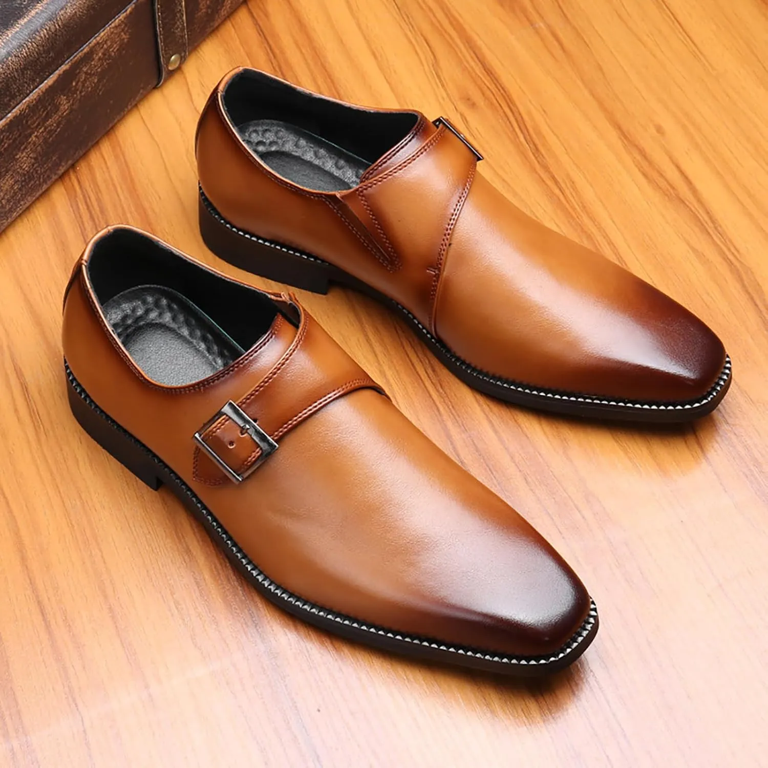 Men's Leather Square Toe Monk Strap Loafers,Classic Slip on Dress Shoes,Low Top Formal Business Oxford Shoes