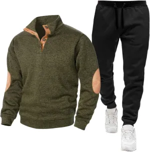 Mens Polo Sweatsuit 2 Piece Quarter Button Patch Pullover Sweatshirt Jogger Sweatpants Sets Casual Tracksuit Outfits