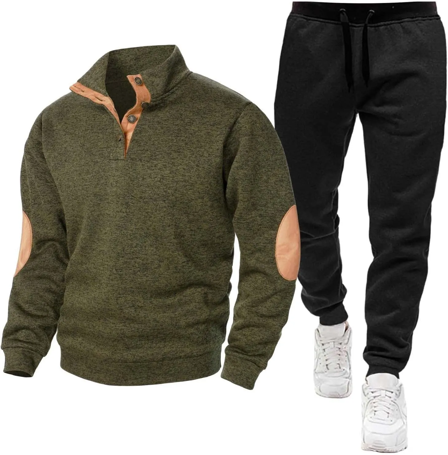 Mens Polo Sweatsuit 2 Piece Quarter Button Patch Pullover Sweatshirt Jogger Sweatpants Sets Casual Tracksuit Outfits