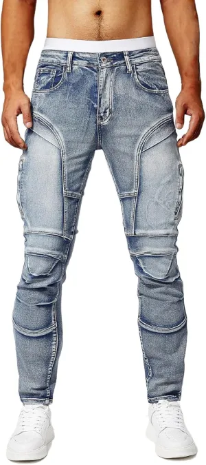 Mens Stretch Slim Fit Jeans Mid Rise Straight Leg Skinny Biker Jeans Y2k Cargo Denim Pants for Teen Boys Streetwear