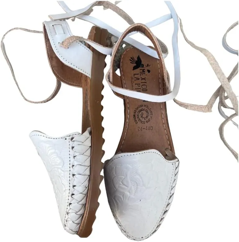 Mexico en la Piel Women's Lace-Up Huarache Sandals - Genuine Leather, Handmade with Floral Cut-Out Design, Casual Comfortable Flats, Closed-Toe and Open-Toe Options, Black and White Colors