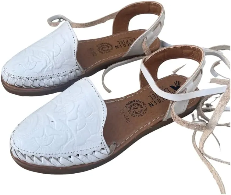 Mexico en la Piel Women's Lace-Up Huarache Sandals - Genuine Leather, Handmade with Floral Cut-Out Design, Casual Comfortable Flats, Closed-Toe and Open-Toe Options, Black and White Colors