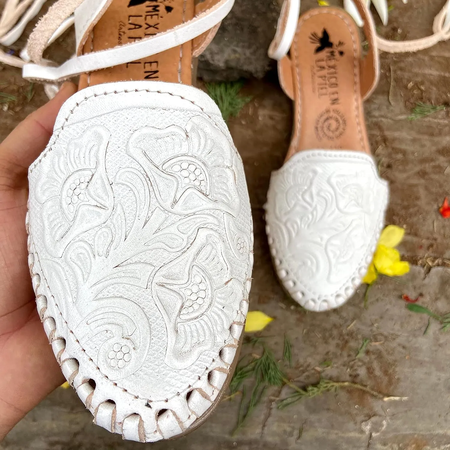 Mexico en la Piel Women's Lace-Up Huarache Sandals - Genuine Leather, Handmade with Floral Cut-Out Design, Casual Comfortable Flats, Closed-Toe and Open-Toe Options, Black and White Colors