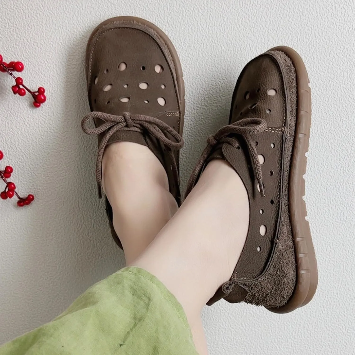 MILDSEVEN Handmade Women's Retro Fashion Lace Up Sandals, Cute Real Leather Sweet Casual Flats for Wedding, Parties And Banquets