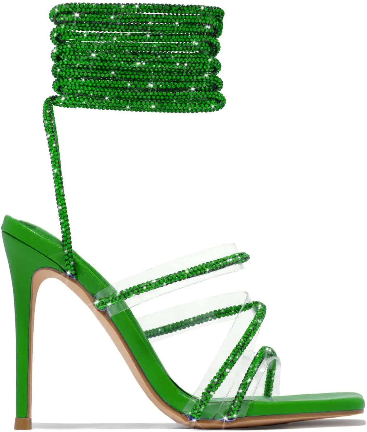 MissHeel Lace Up Rhinestone High Heel Sandals Suqare Toe